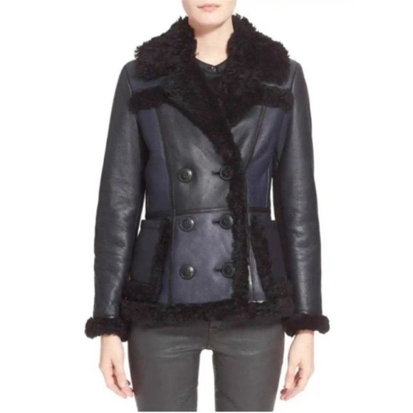Burberry Brit Shearwell Shearling Leather Jacket Navy Blue Black - Picture 1 of 15
